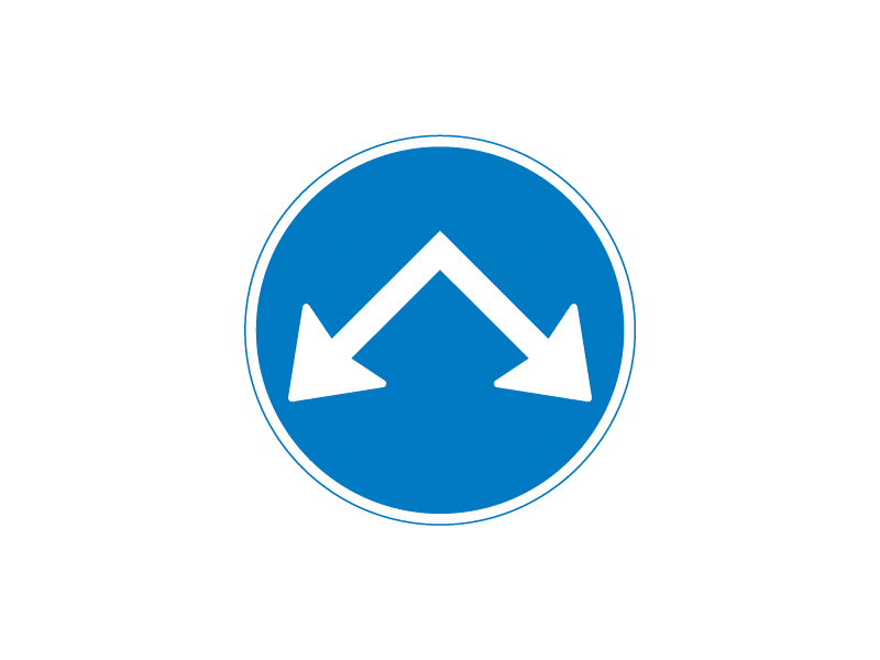 Færdselstavle D16 betyder valgfri passage for motorkøretøjer og store knallerter. Det betyder, at de kan passere på begge sider af forhindringen, som pilene på tavlen angiver.