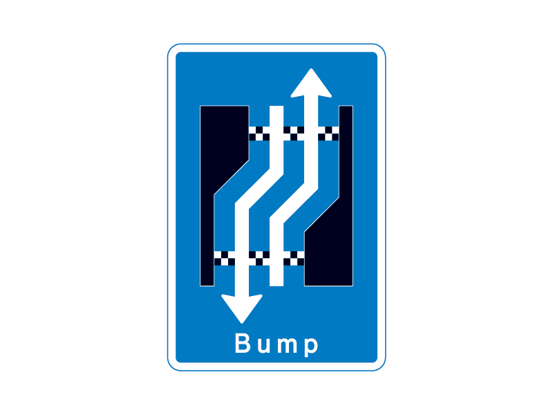 Færdselstavle E16.3.12 viser et vognbaneforløb, hvor kørebanen forsætter til højre, og den indikerer en markant retningsændring på vejen med bump, men advarer samtidig om, at der er modkørende trafik i samme område.