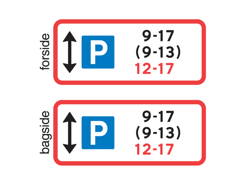 Uc33_1_1 - Parkeringstavle over hverdage, lørdage (i parantes) og søndage (i rød).
